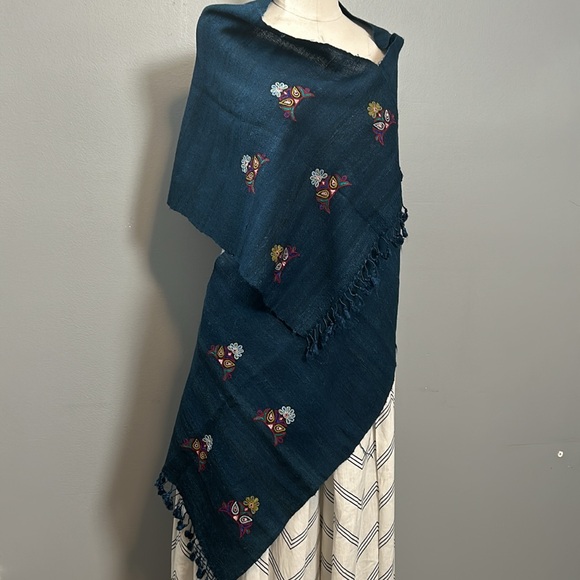 Petroleum Green Cotton Embroidered Tasseled Scarf - Picture 4 of 17